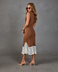 Reign Knit Mock Neck Lace Trim Midi Dress