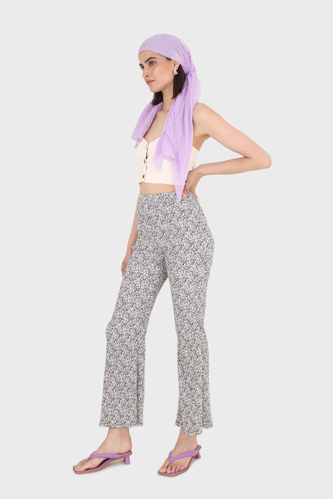 Ivory and charcoal dappled flare trousers