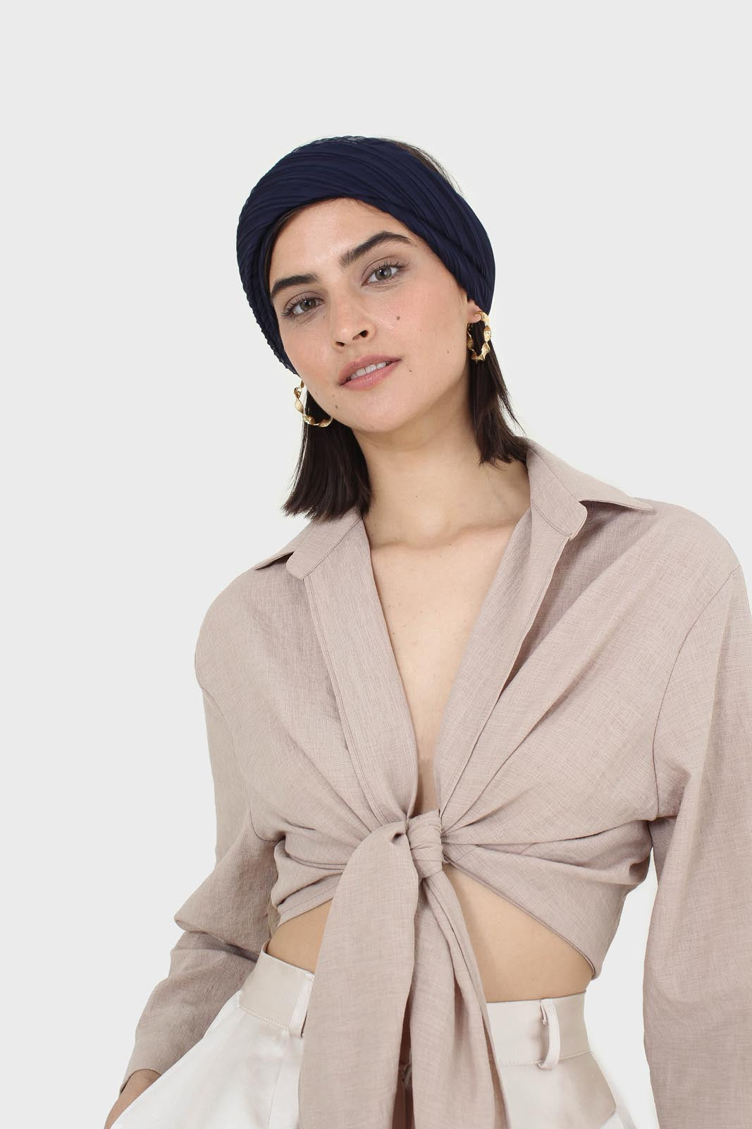 Beige linen plunging tie front shirt
