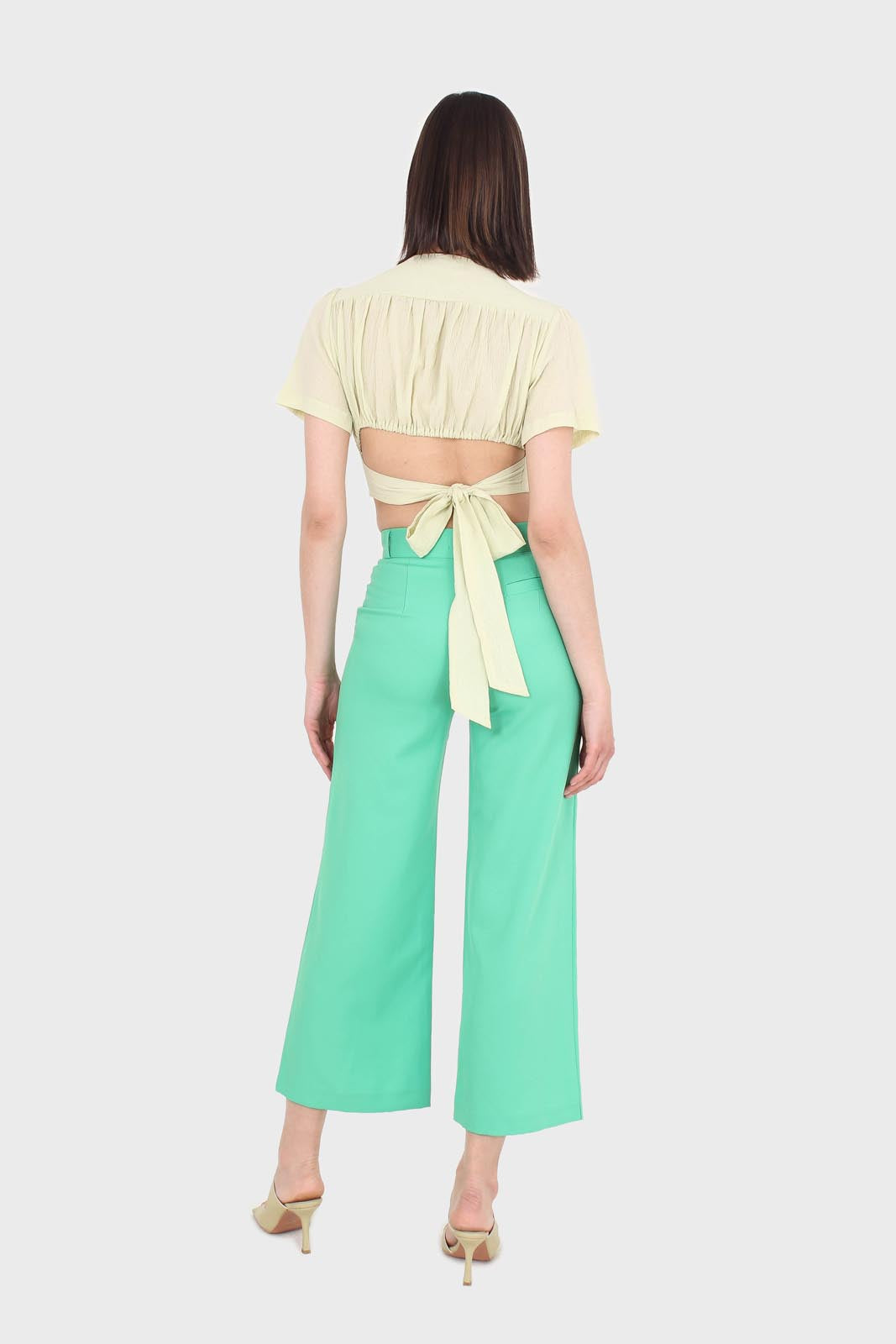 Light green deep V tie back cropped blouse