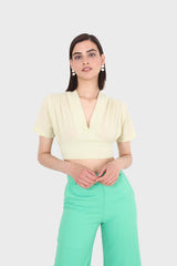 Light green deep V tie back cropped blouse