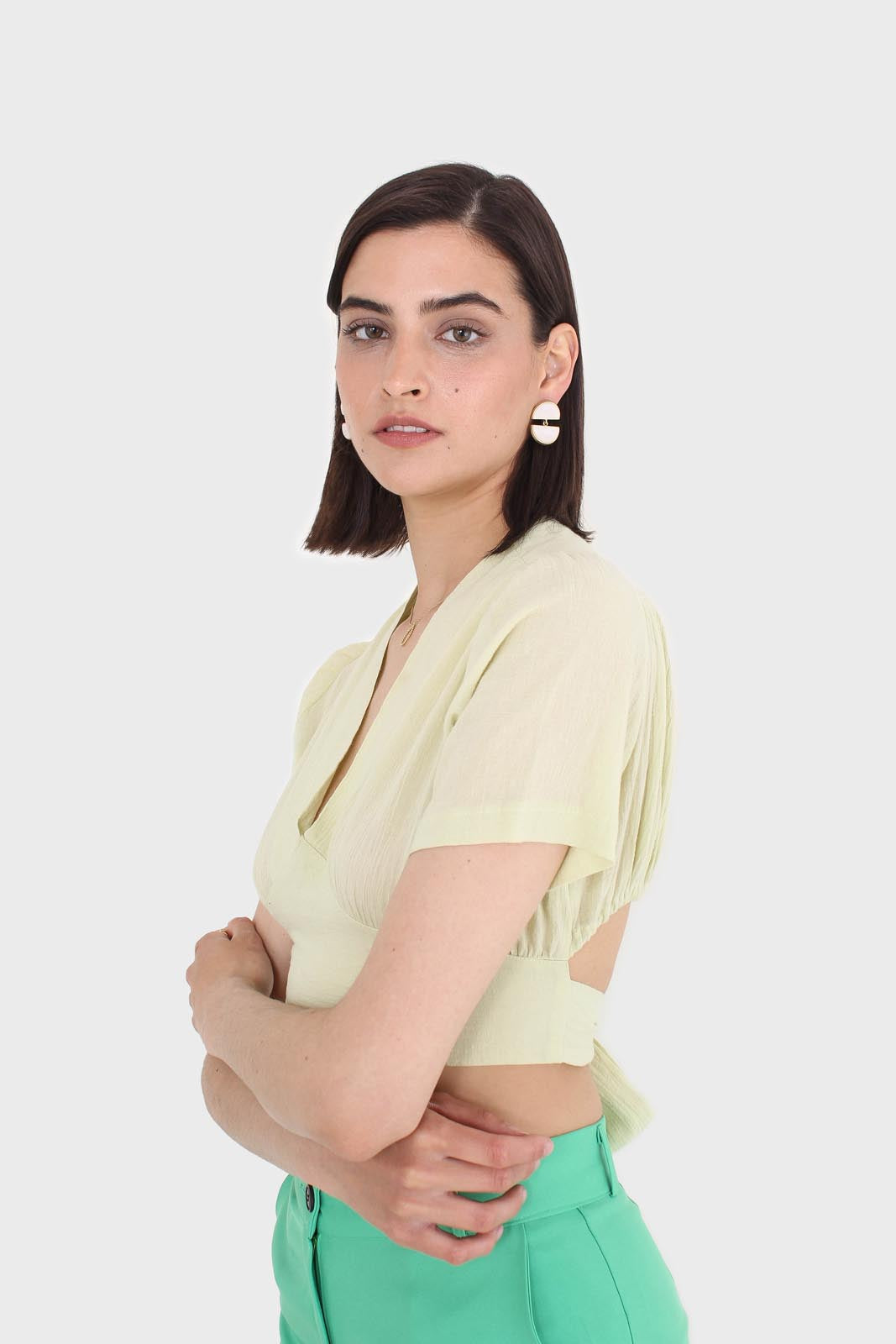 Light green deep V tie back cropped blouse