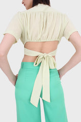 Light green deep V tie back cropped blouse