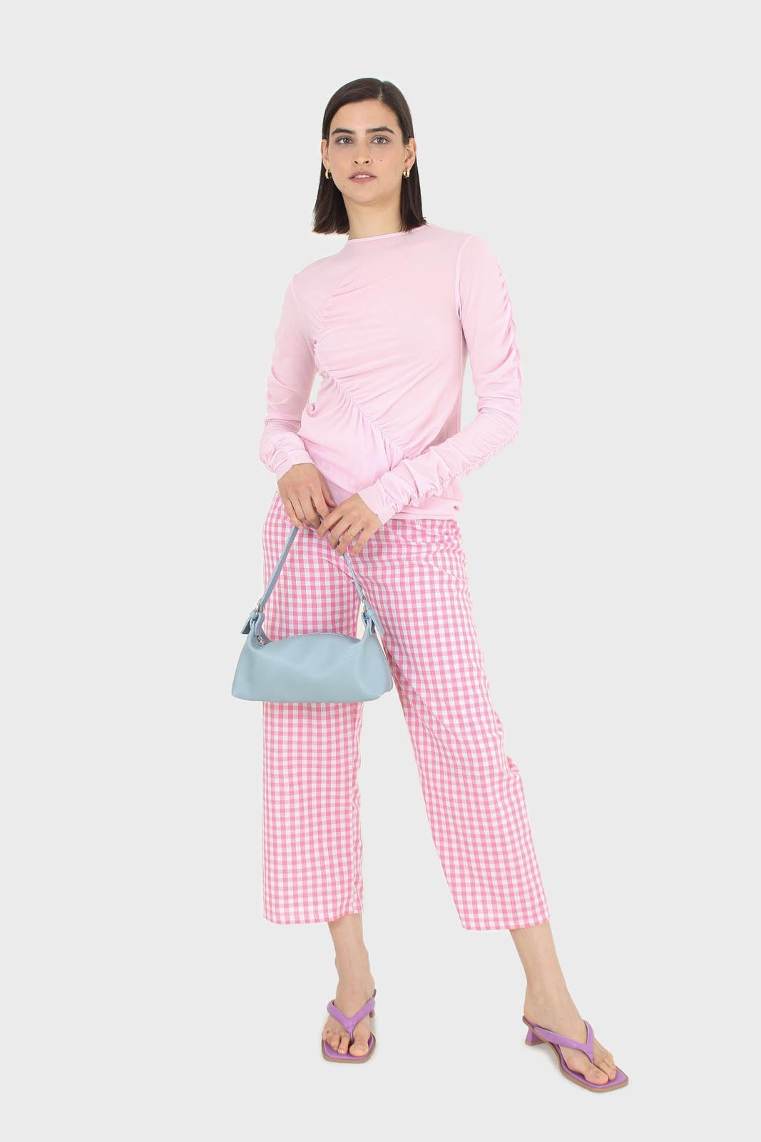 Pale pink sheer curved shirring top