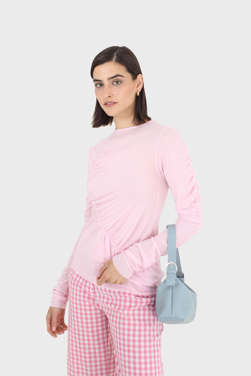 Pale pink sheer curved shirring top