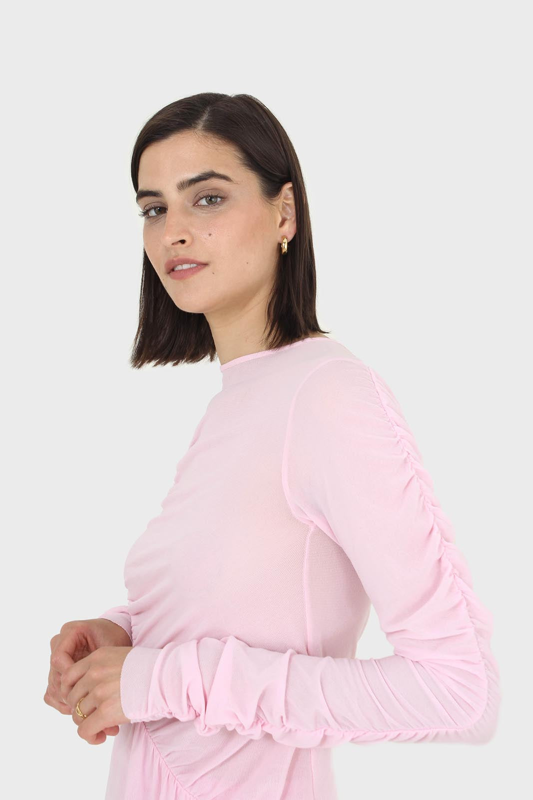 Pale pink sheer curved shirring top