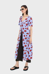 Pale blue and red floral print short sleeved maxi dress