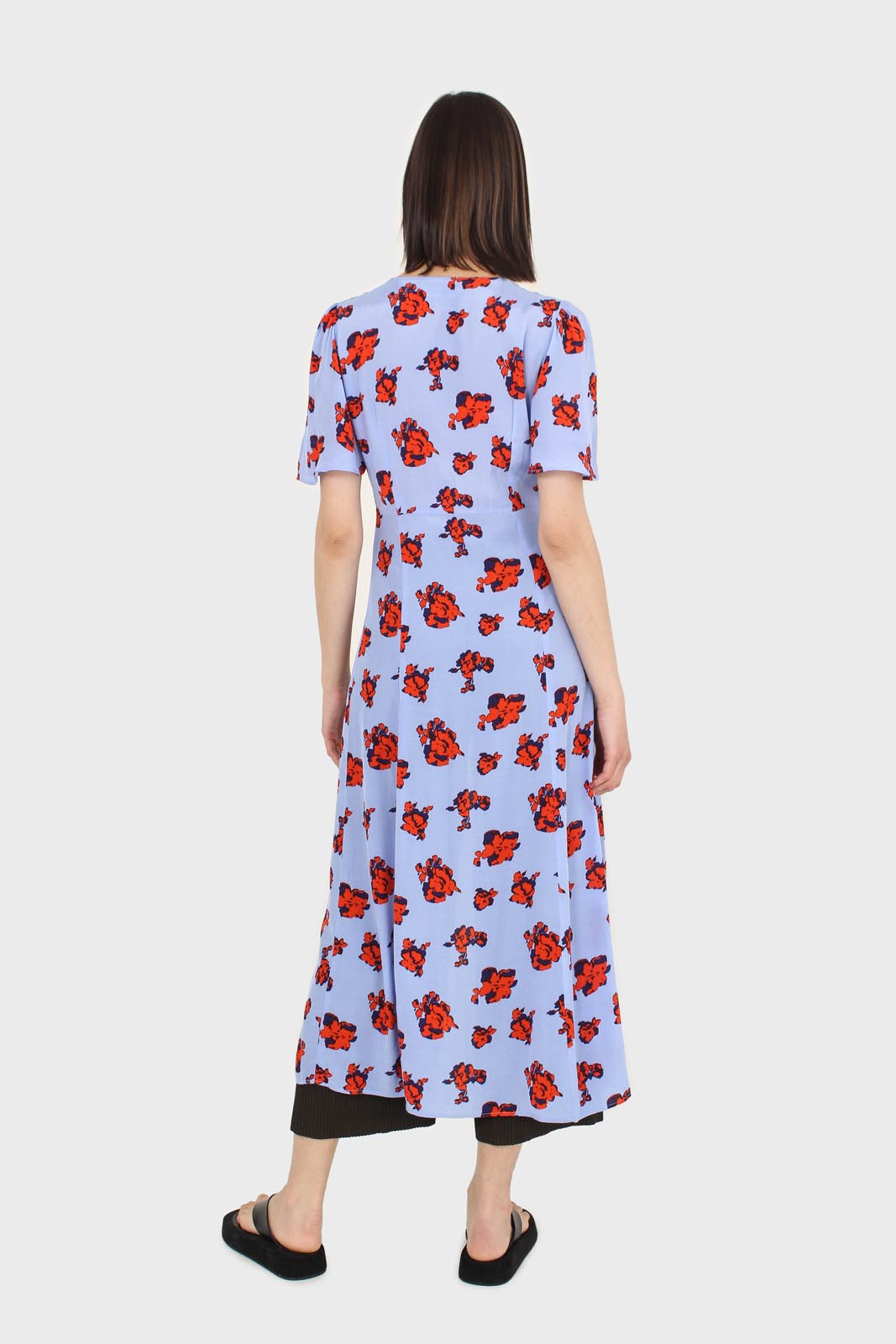 Pale blue and red floral print short sleeved maxi dress