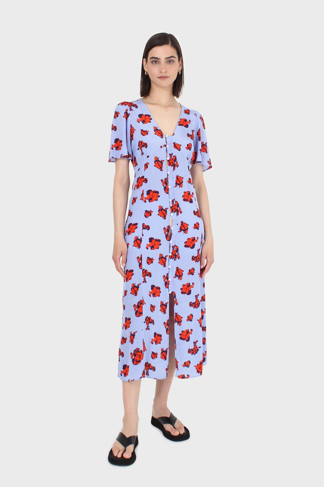 Pale blue and red floral print short sleeved maxi dress