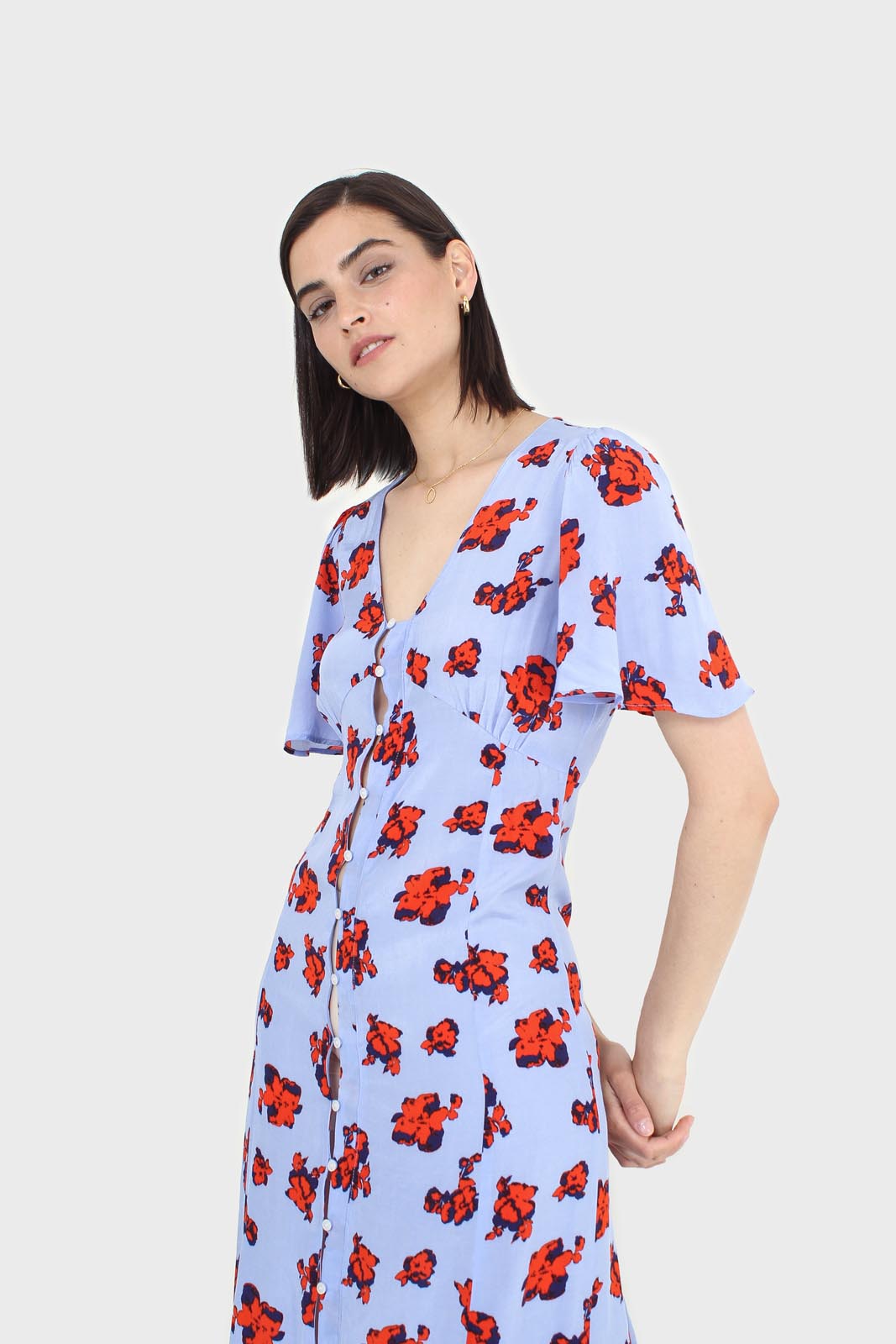 Pale blue and red floral print short sleeved maxi dress