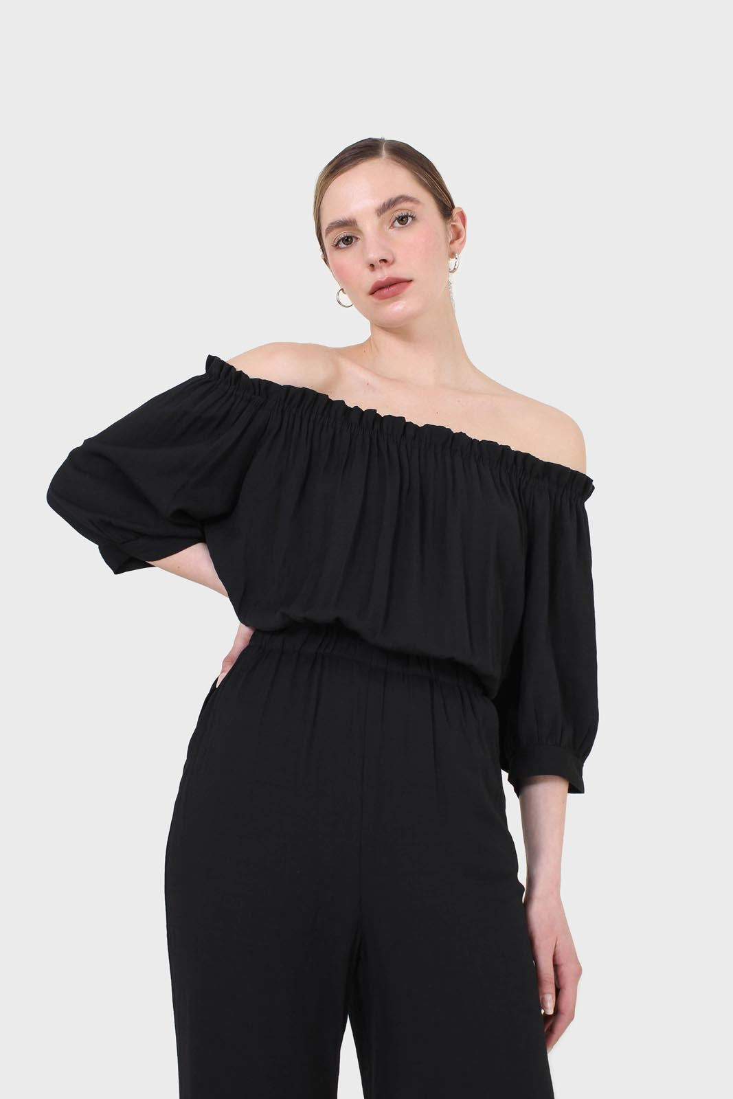 Black off shoulder open back jumpsuit