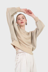 Beige vegan leather contrast panel sweatshirt