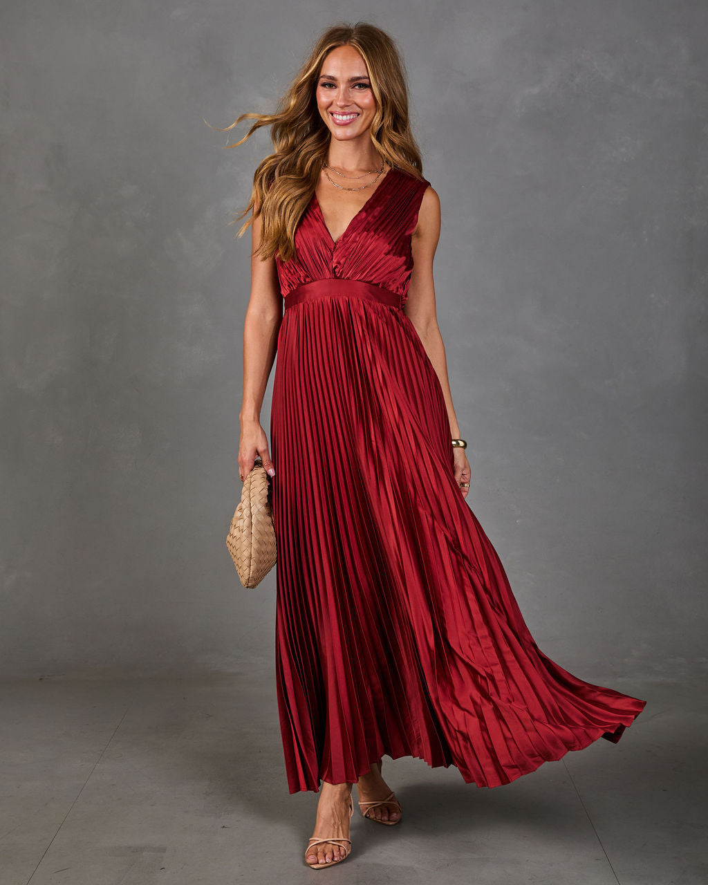Evening Veil Pleated Satin Maxi Dress