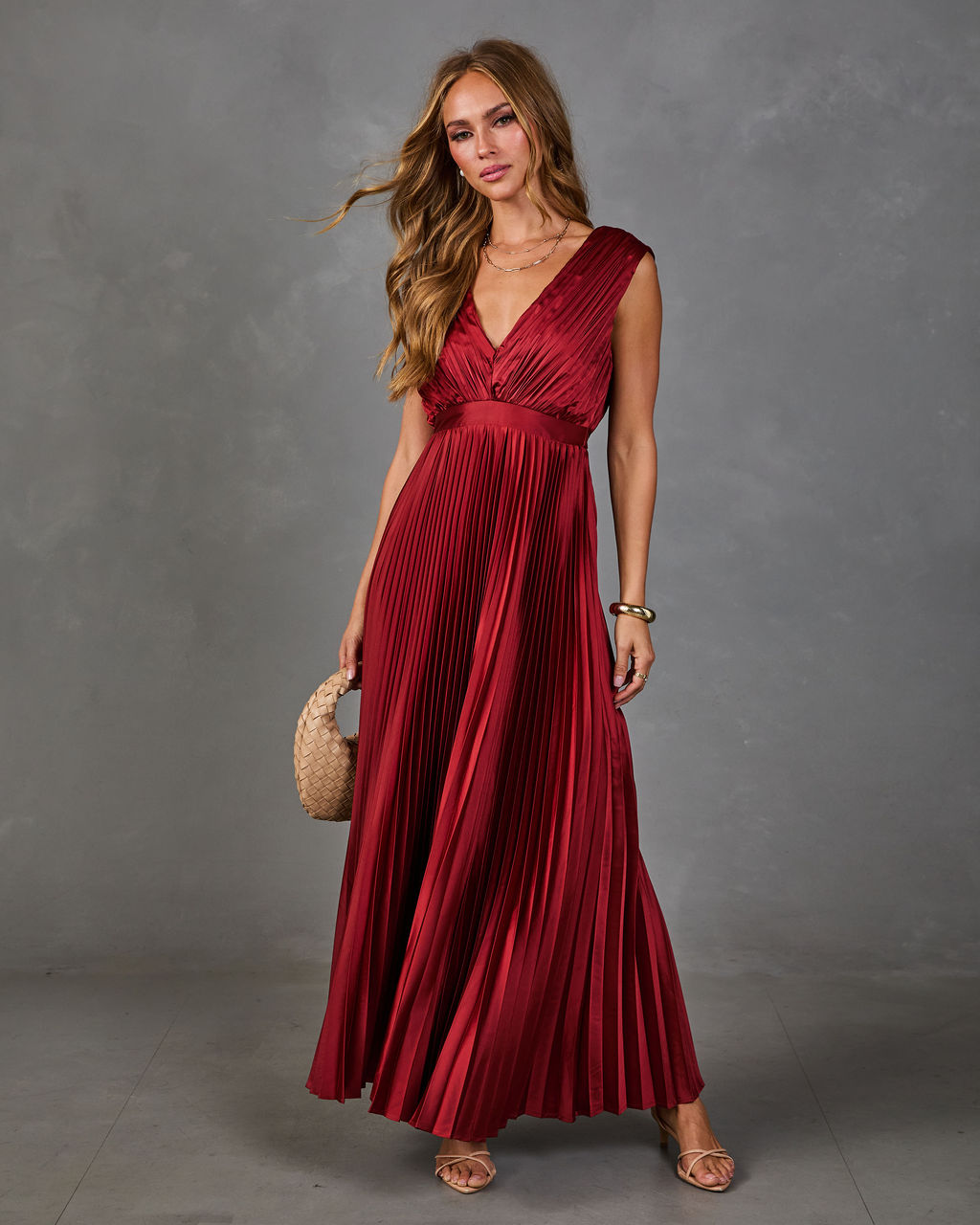 Evening Veil Pleated Satin Maxi Dress