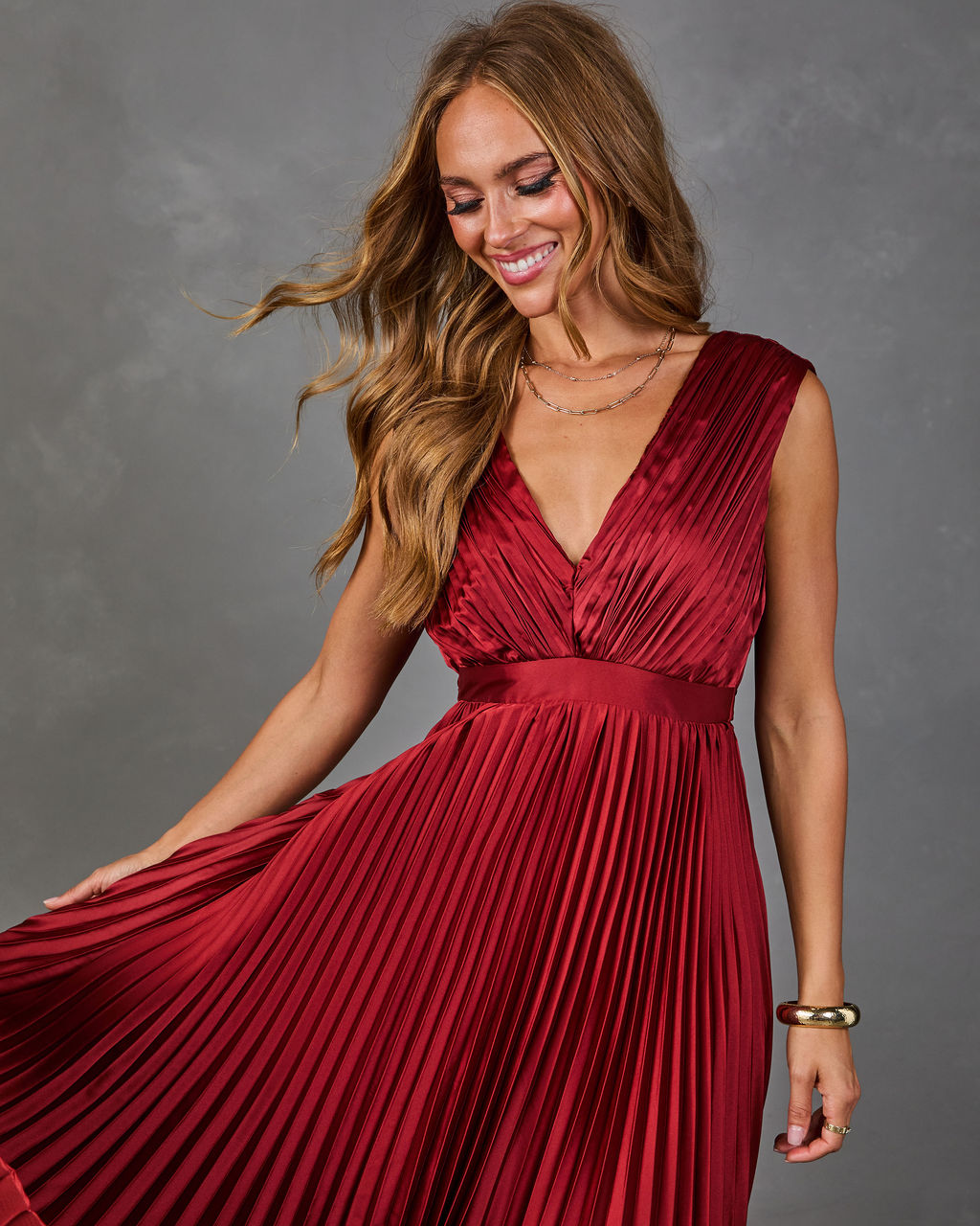 Evening Veil Pleated Satin Maxi Dress