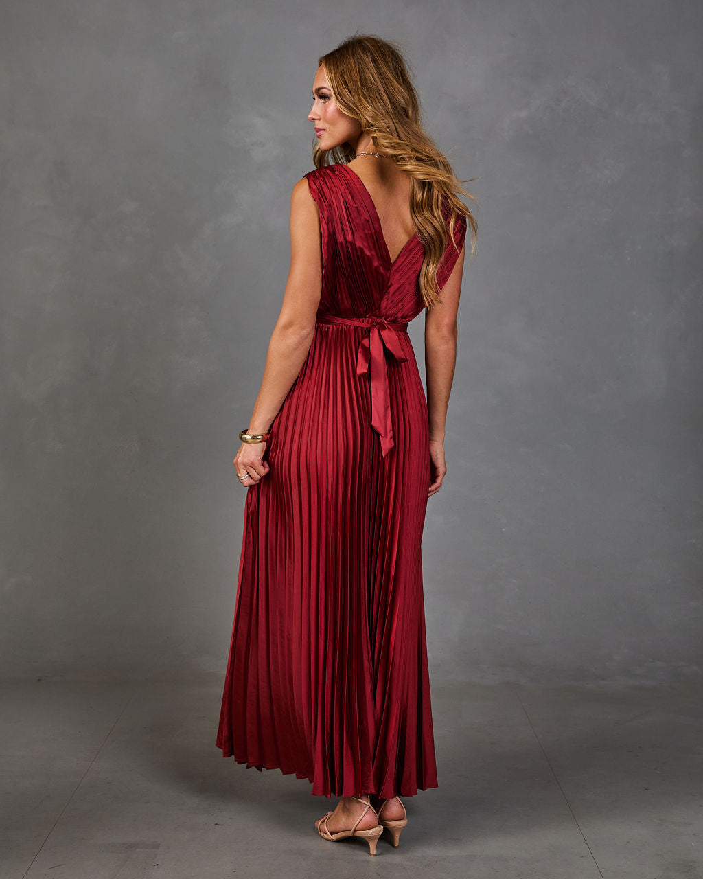 Evening Veil Pleated Satin Maxi Dress