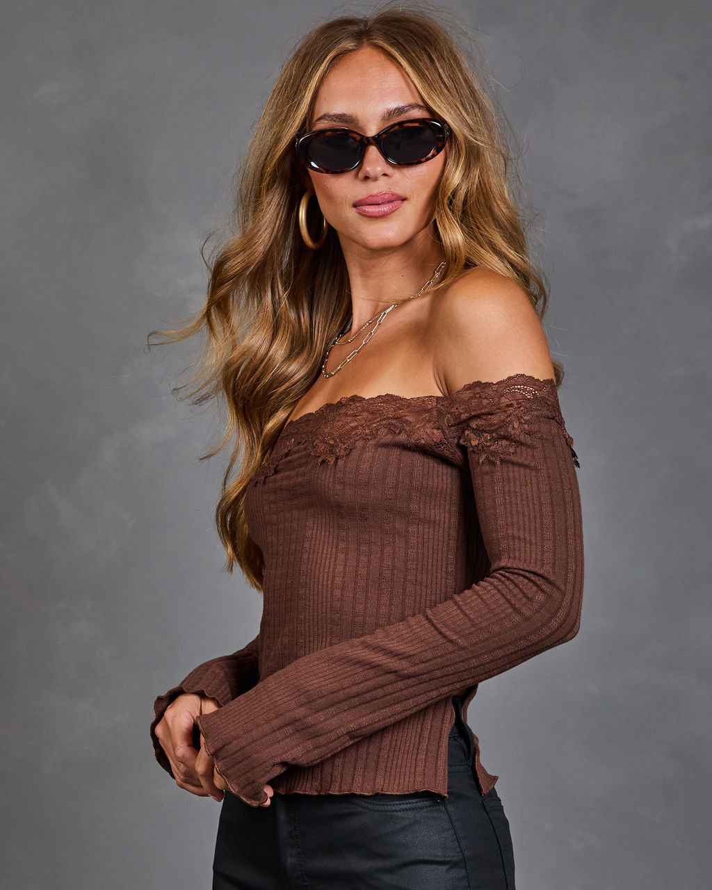 Orchard Girl Knit Off the Shoulder Lace Trim Top