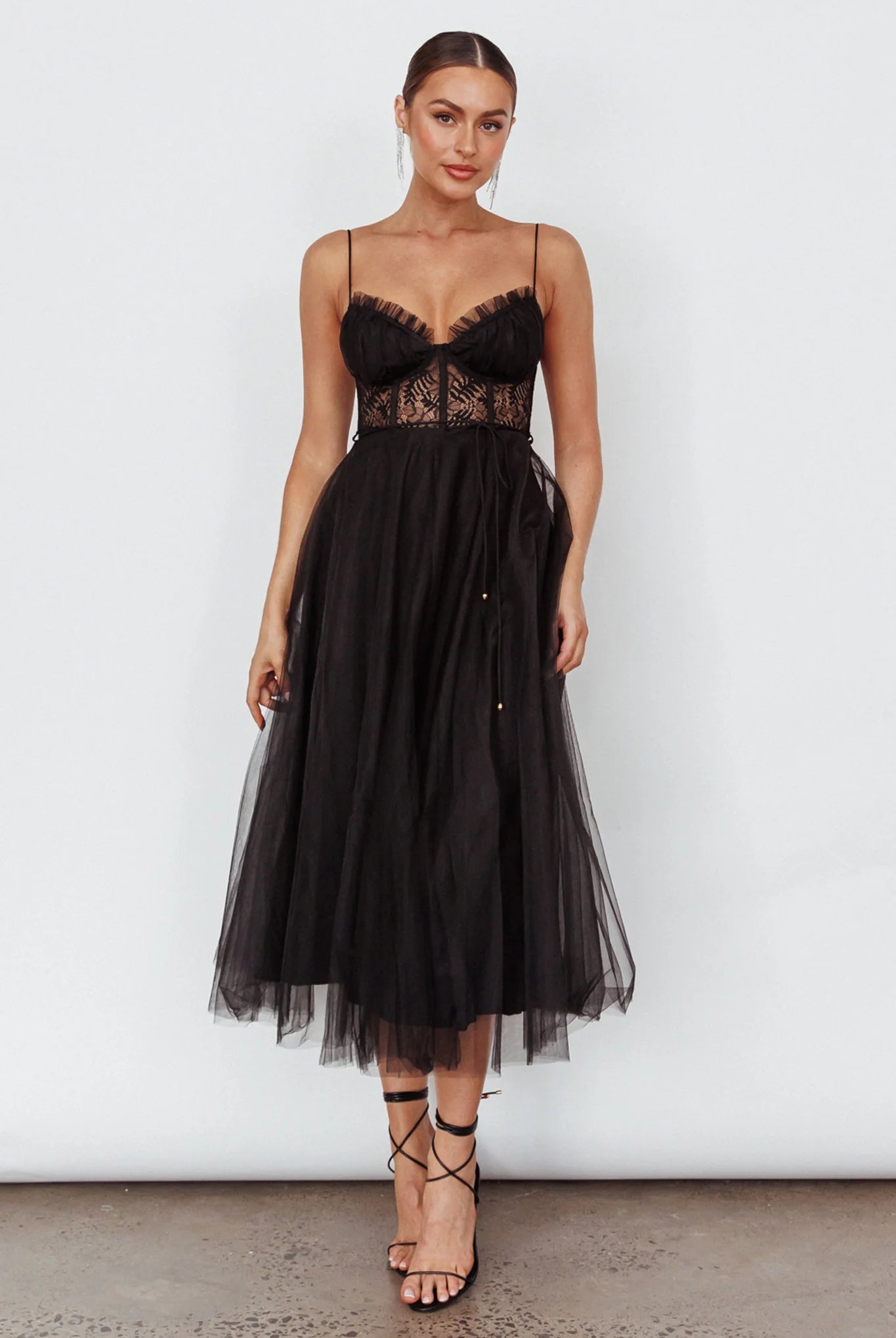 Trophy Lace Bodice Mesh Midi Dress Black
