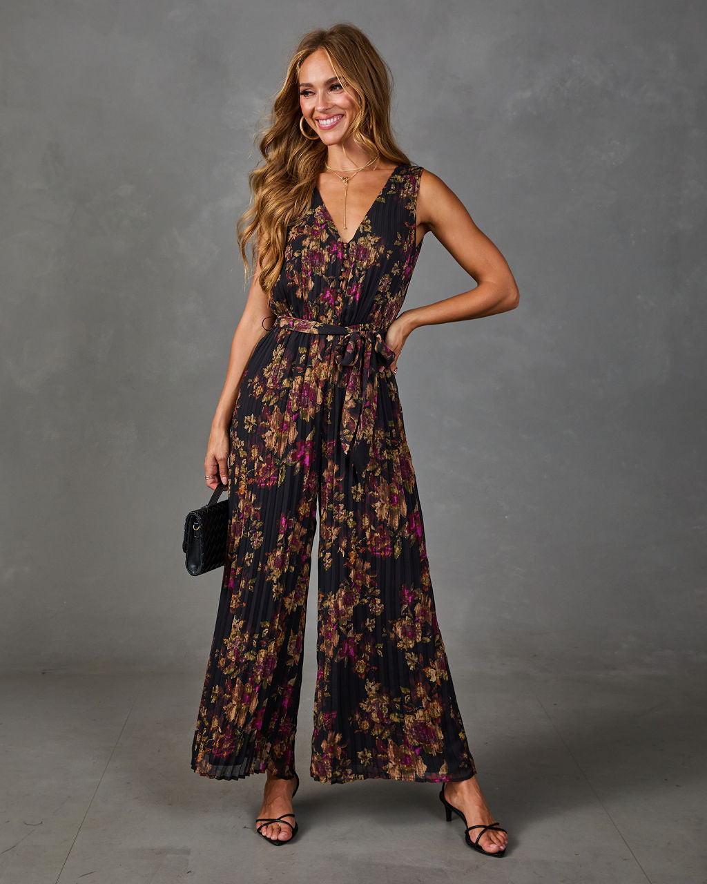 Shadowed Garden Floral Waist Tie Jumpsuit