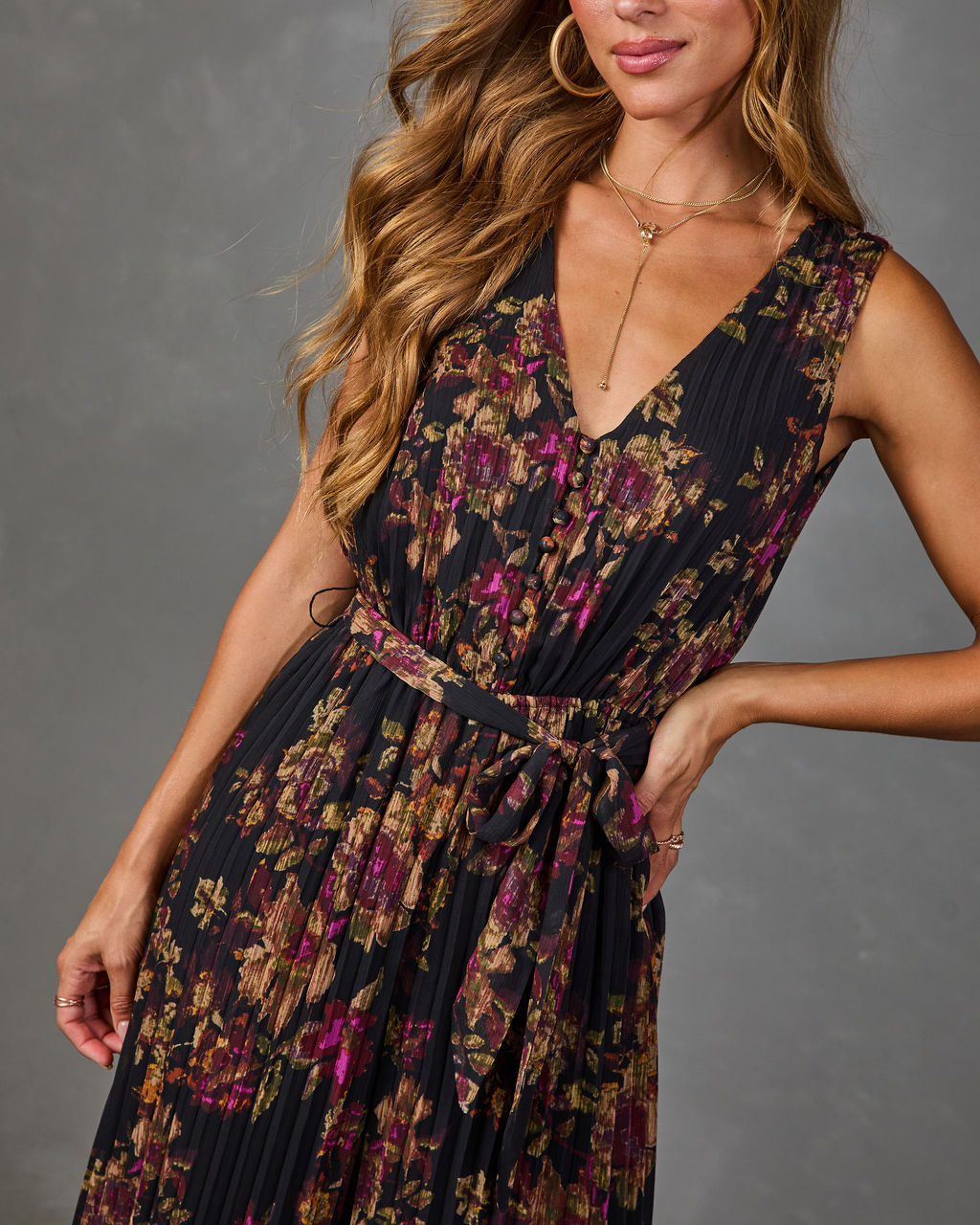 Shadowed Garden Floral Waist Tie Jumpsuit