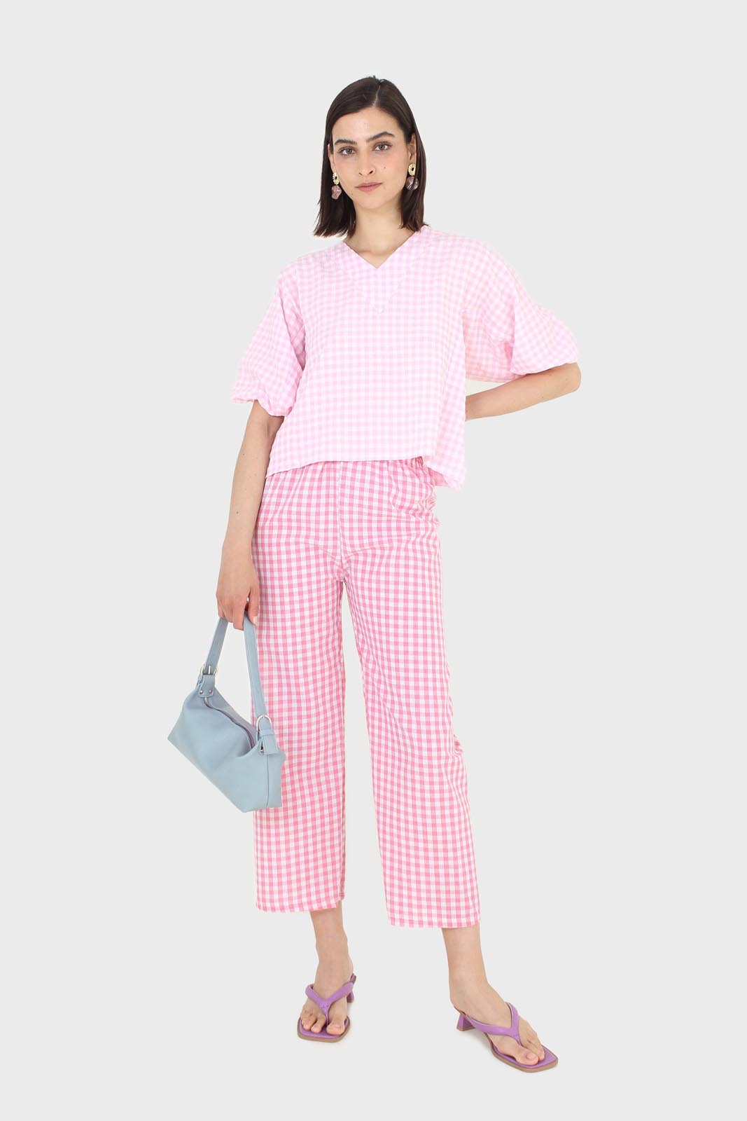 Pink and white gingham loose fit trousers
