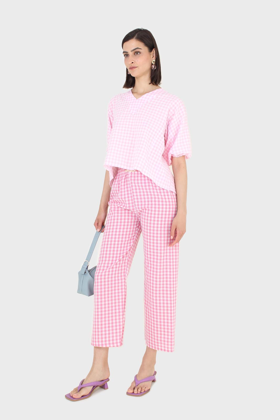 Pink and white gingham loose fit trousers