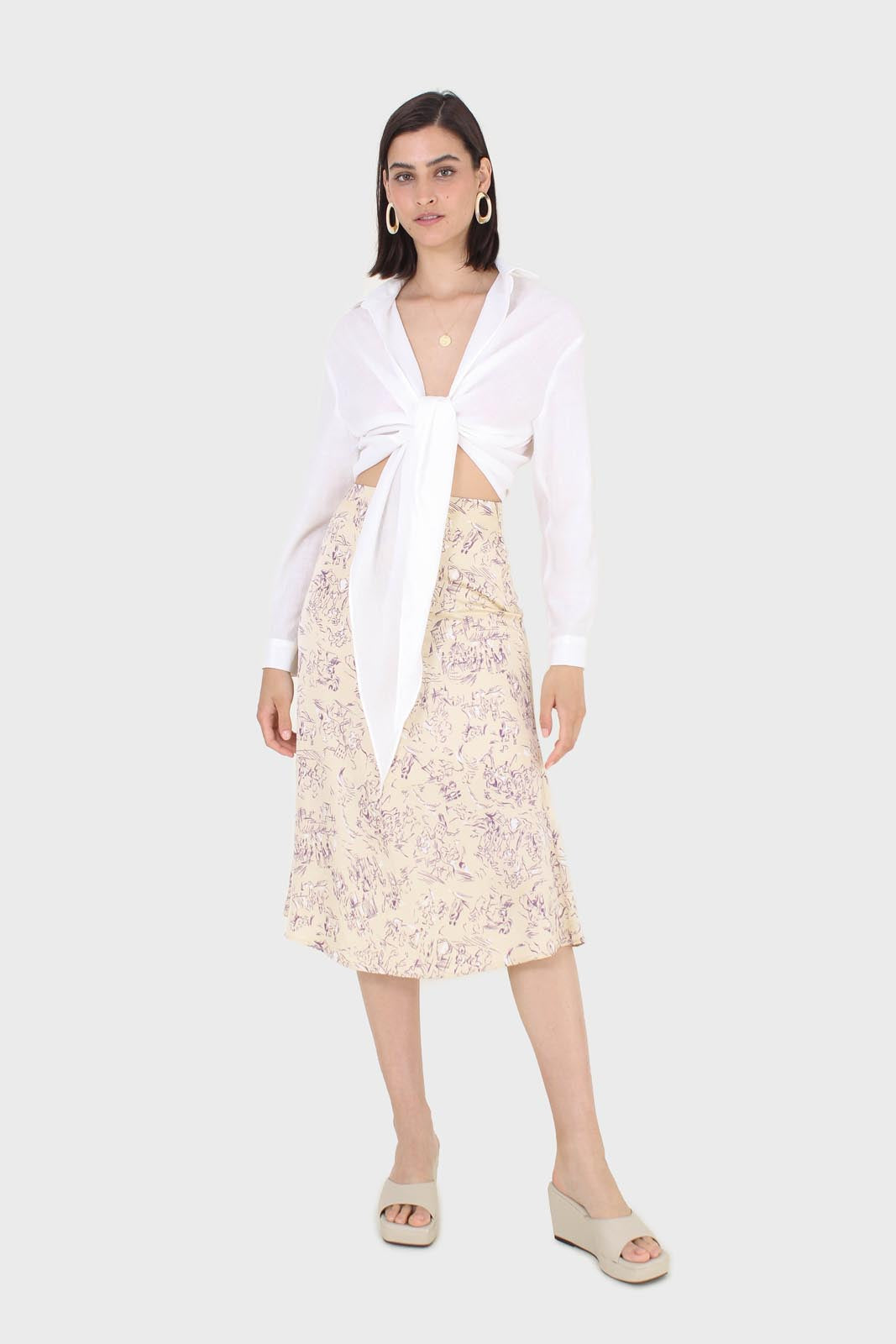 Ivory and lilac floral print midi skirt