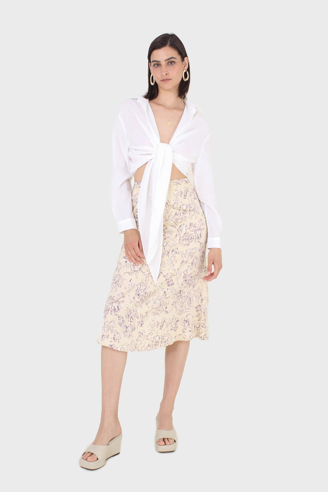 Ivory and lilac floral print midi skirt