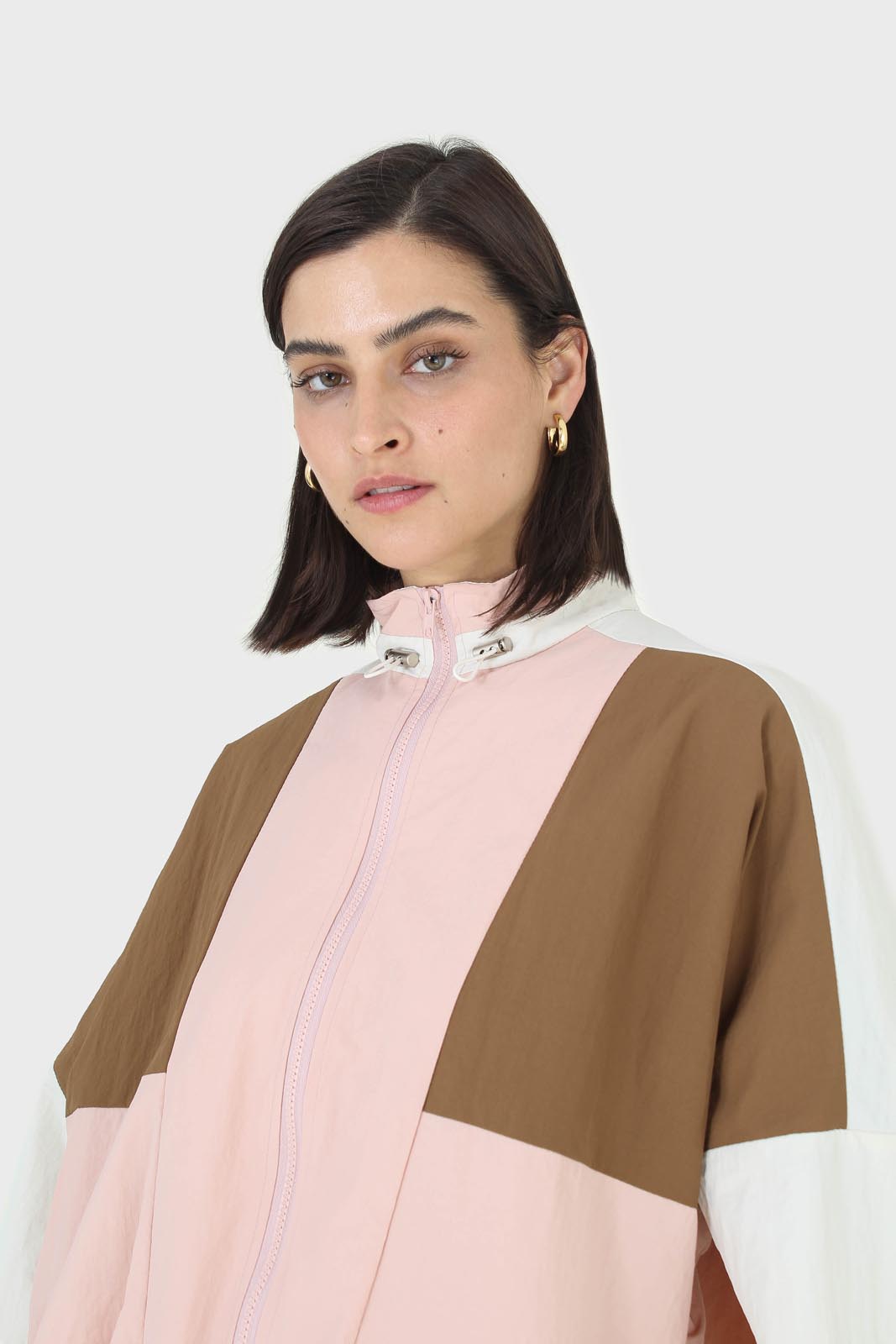 Pink and khaki colorblock nylon windbreaker