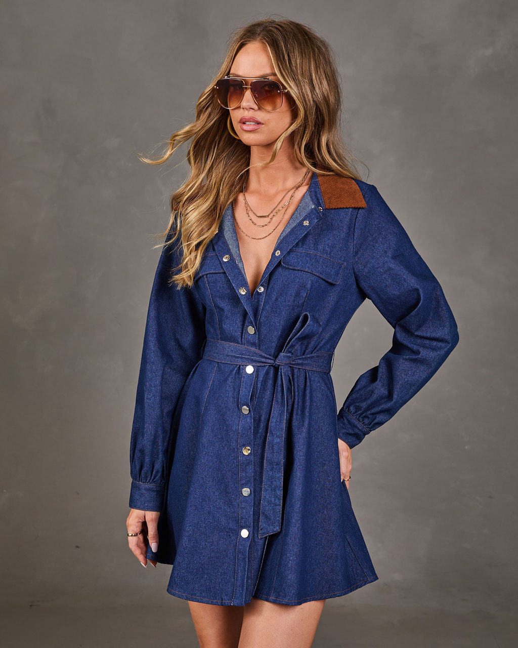 Harlie Denim Contrast Collar Waist Tie Mini Shirt Dress