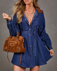 Harlie Denim Contrast Collar Waist Tie Mini Shirt Dress