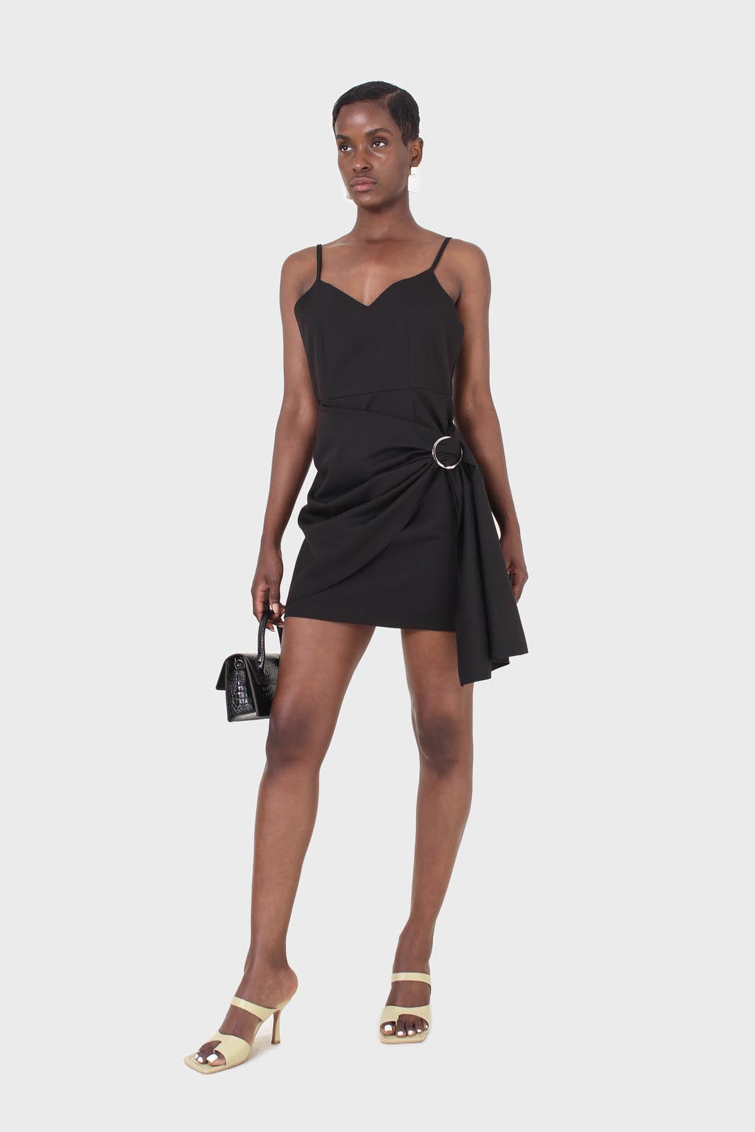 Black thin strap silver ring buckle mini dress