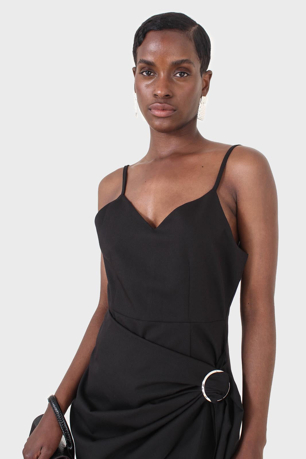 Black thin strap silver ring buckle mini dress