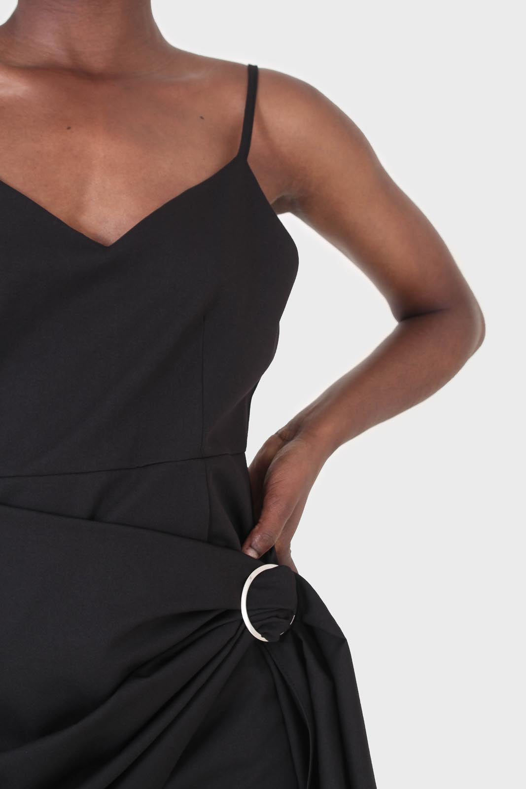 Black thin strap silver ring buckle mini dress