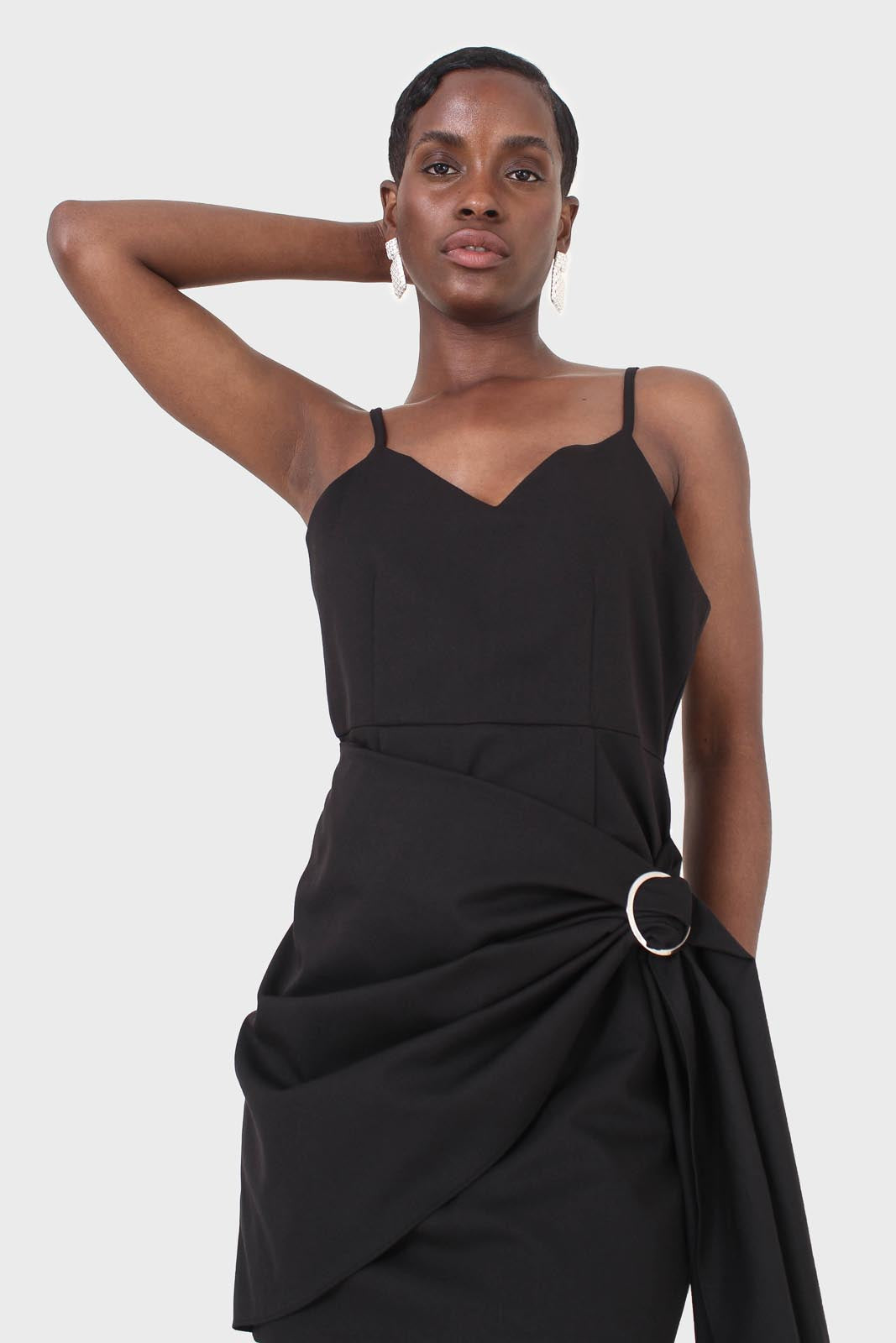 Black thin strap silver ring buckle mini dress