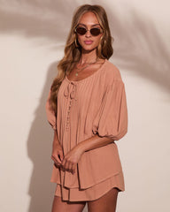 Market Sunrise Pleated Linen Blend Neck Tie Top