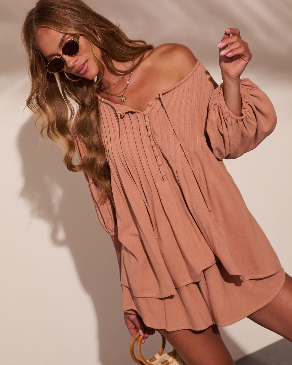 Market Sunrise Pleated Linen Blend Neck Tie Top