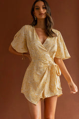 Nadi V-Neckline Wrap Romper Rose Flower Print Yellow