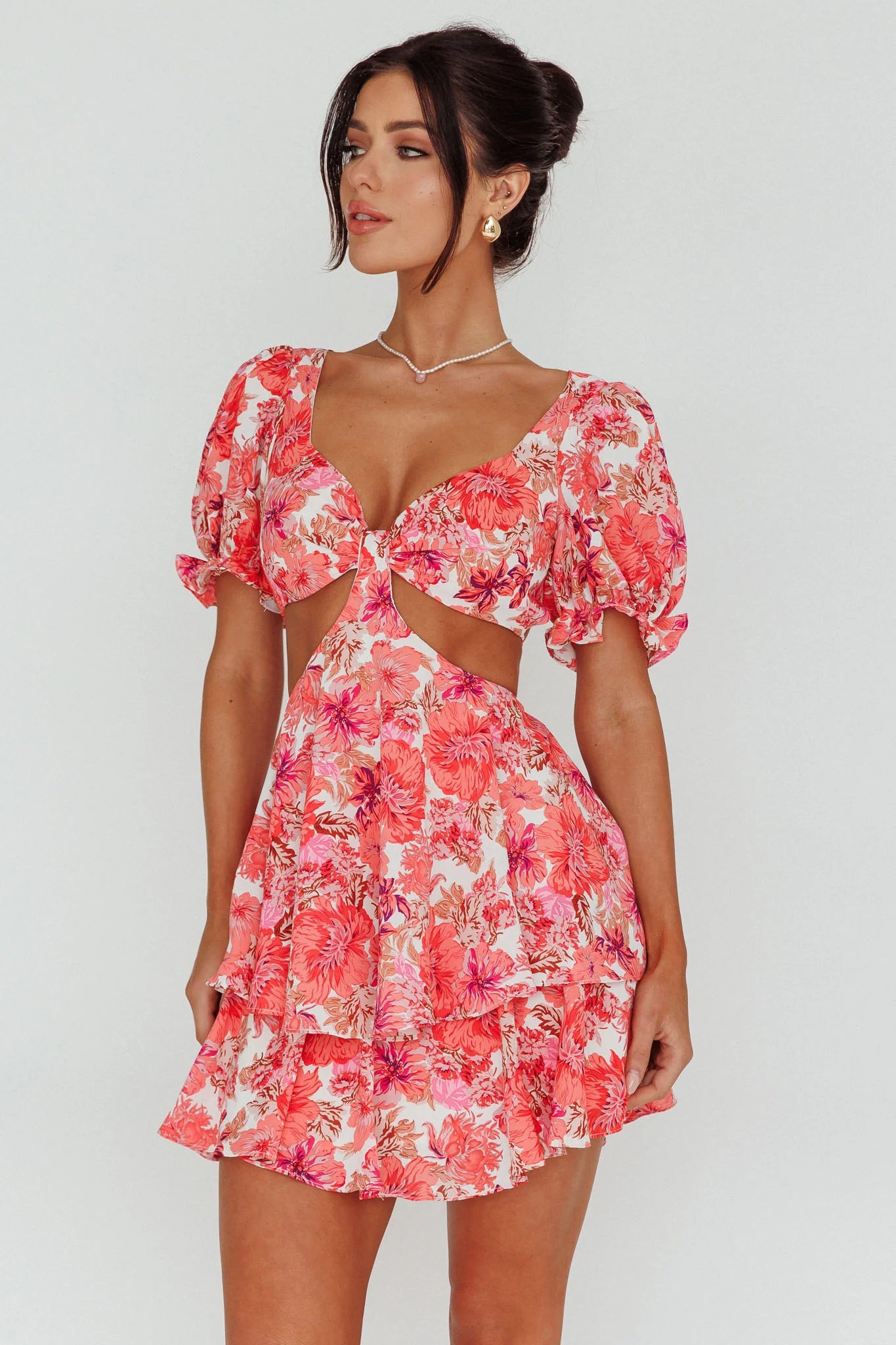 Orianthi Cut-Out Waist Mini Dress Floral Pink