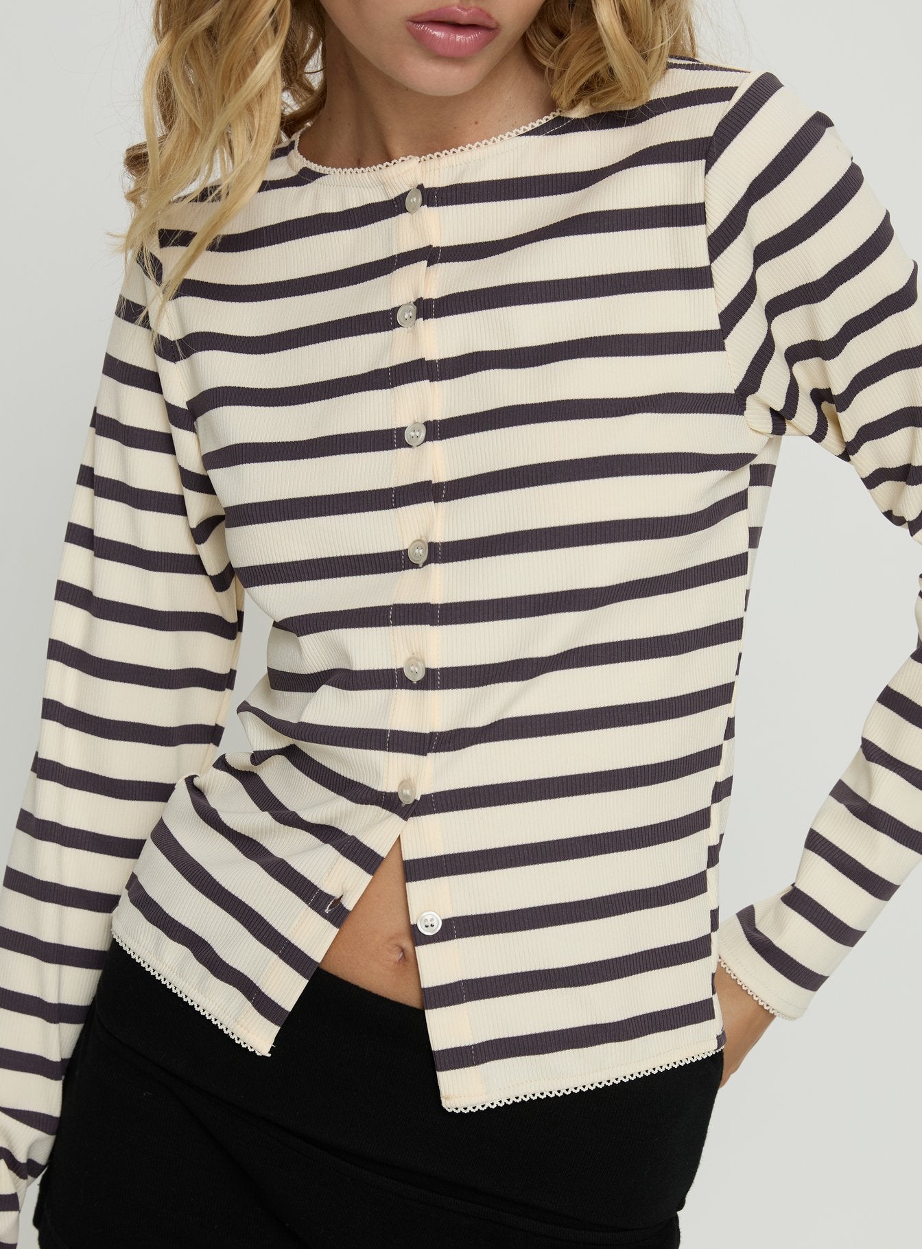 Marvella Button Up Long sleeve Top Dark Grey / Cream Stripe
