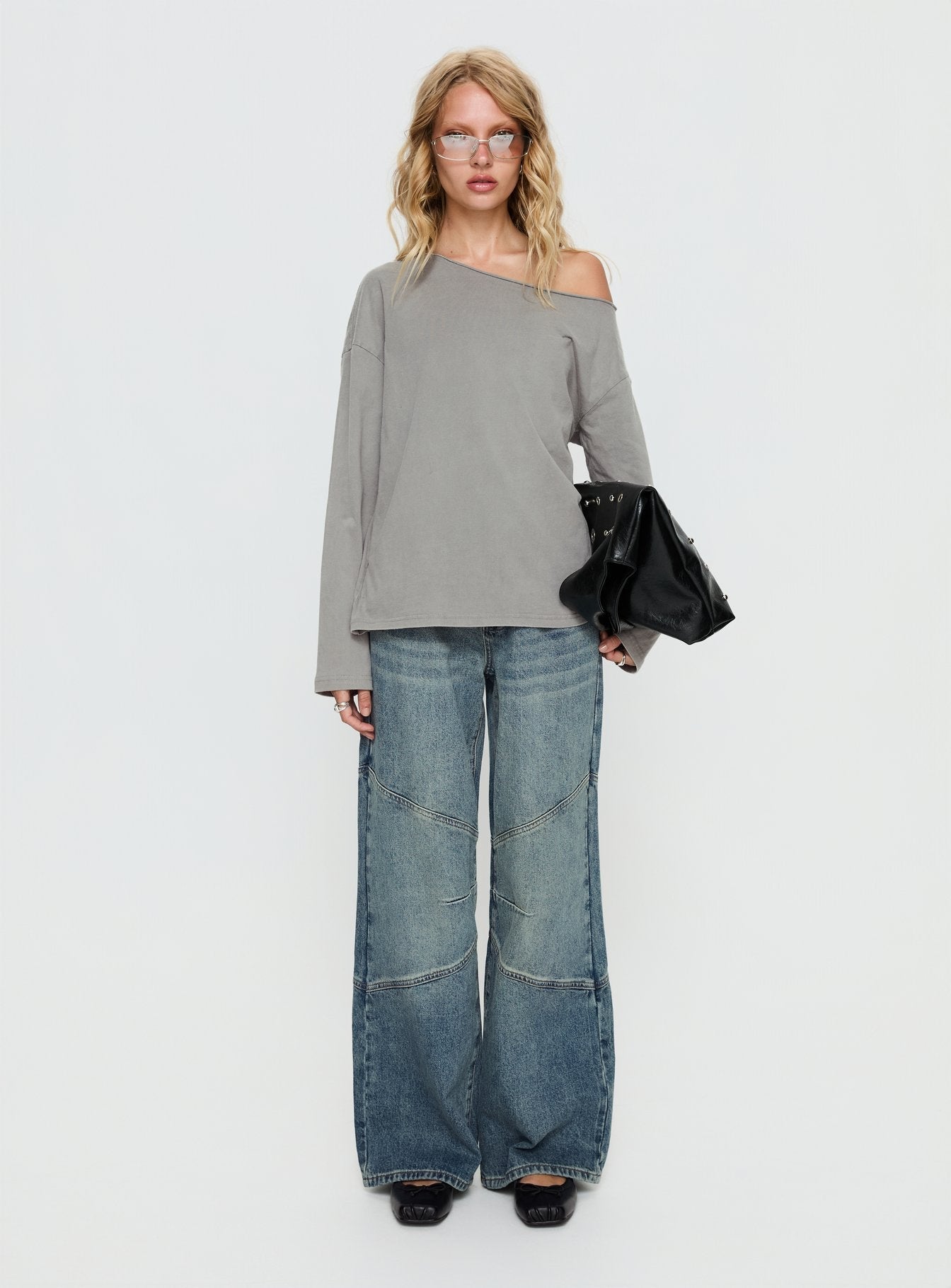 Karlyn Off Shoulder Long Sleeve Top Grey