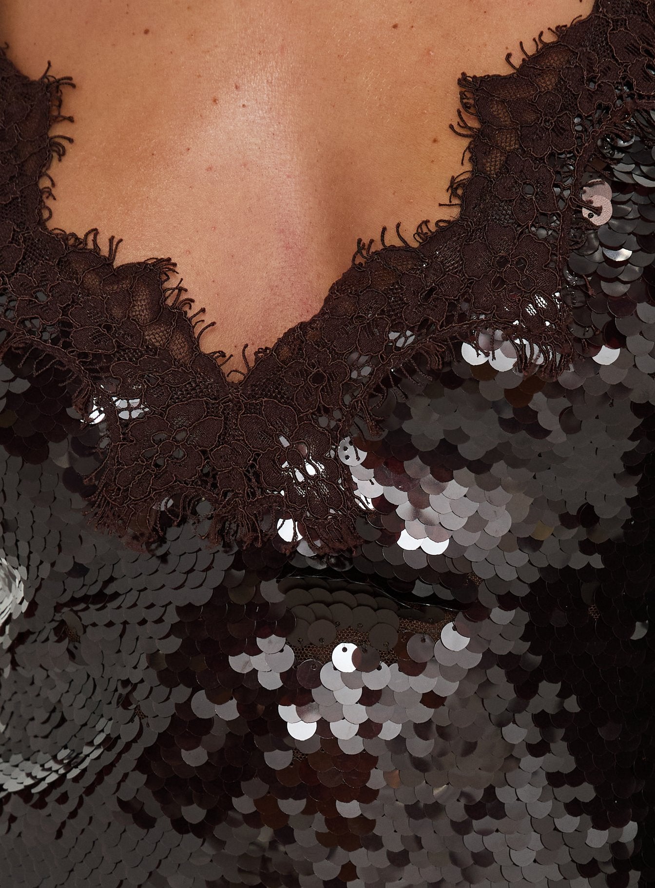 Thalina Sequin Deep V Lace Trim Mini Dress Chocolate