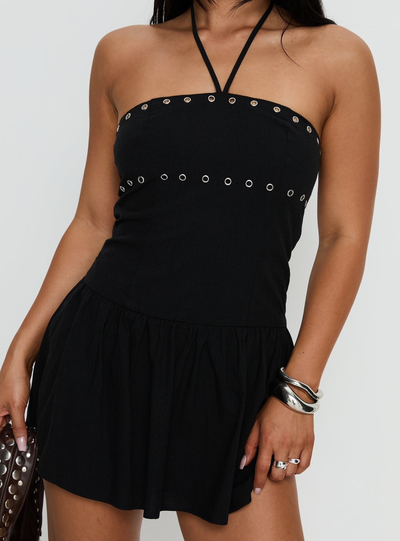 Nidia Eyelet Tie Neck Romper Black