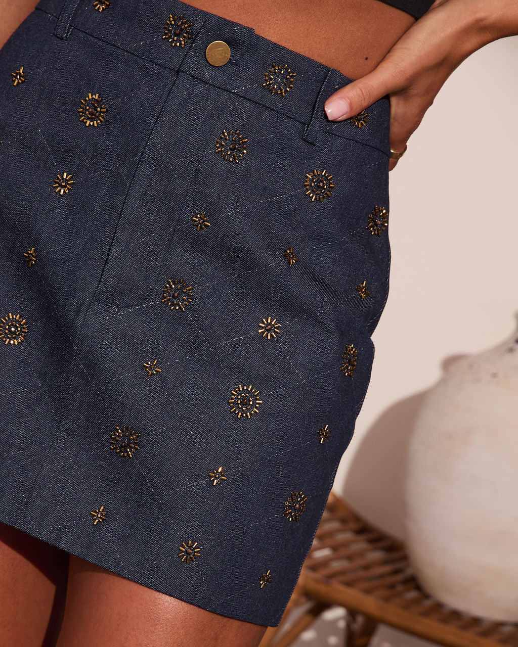Starlit Muse Embellished Denim Mini Skirt