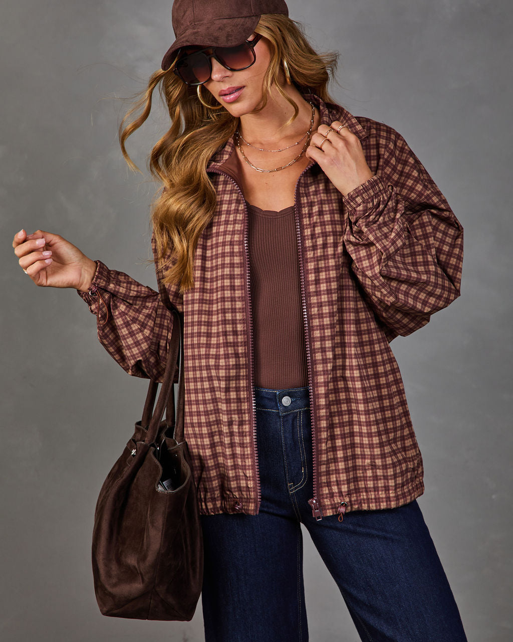 Reine Plaid Mock Neck Track Jacket