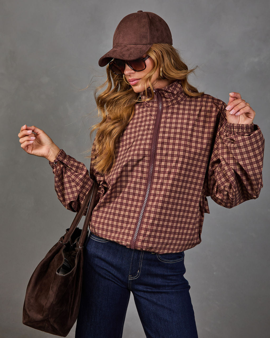 Reine Plaid Mock Neck Track Jacket