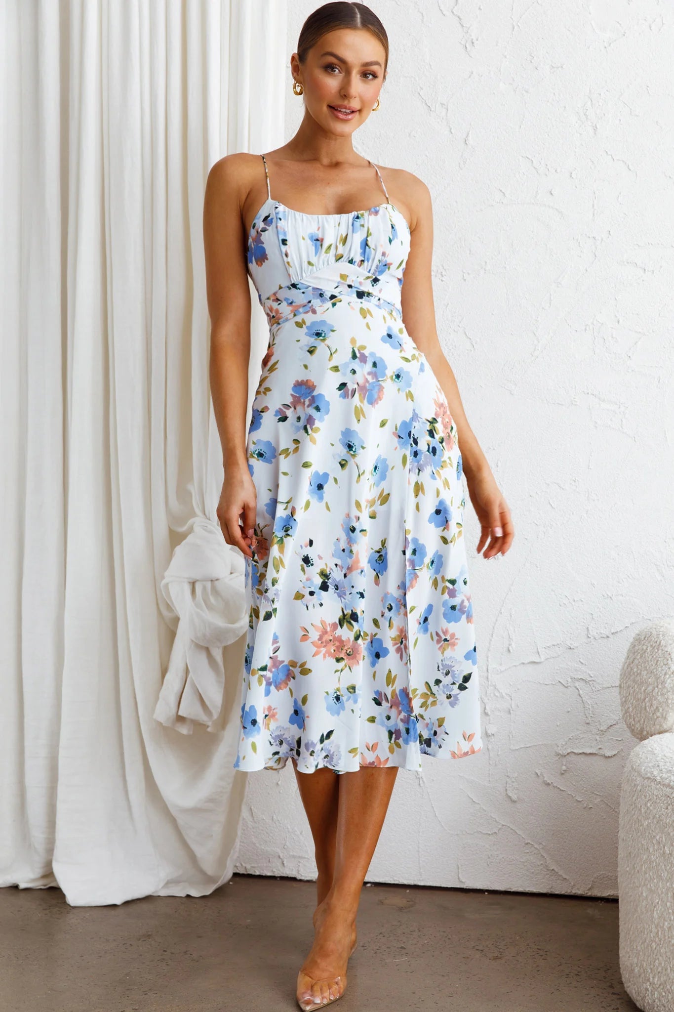 Linka Cami Strap Split Midi Dress Floral Blue