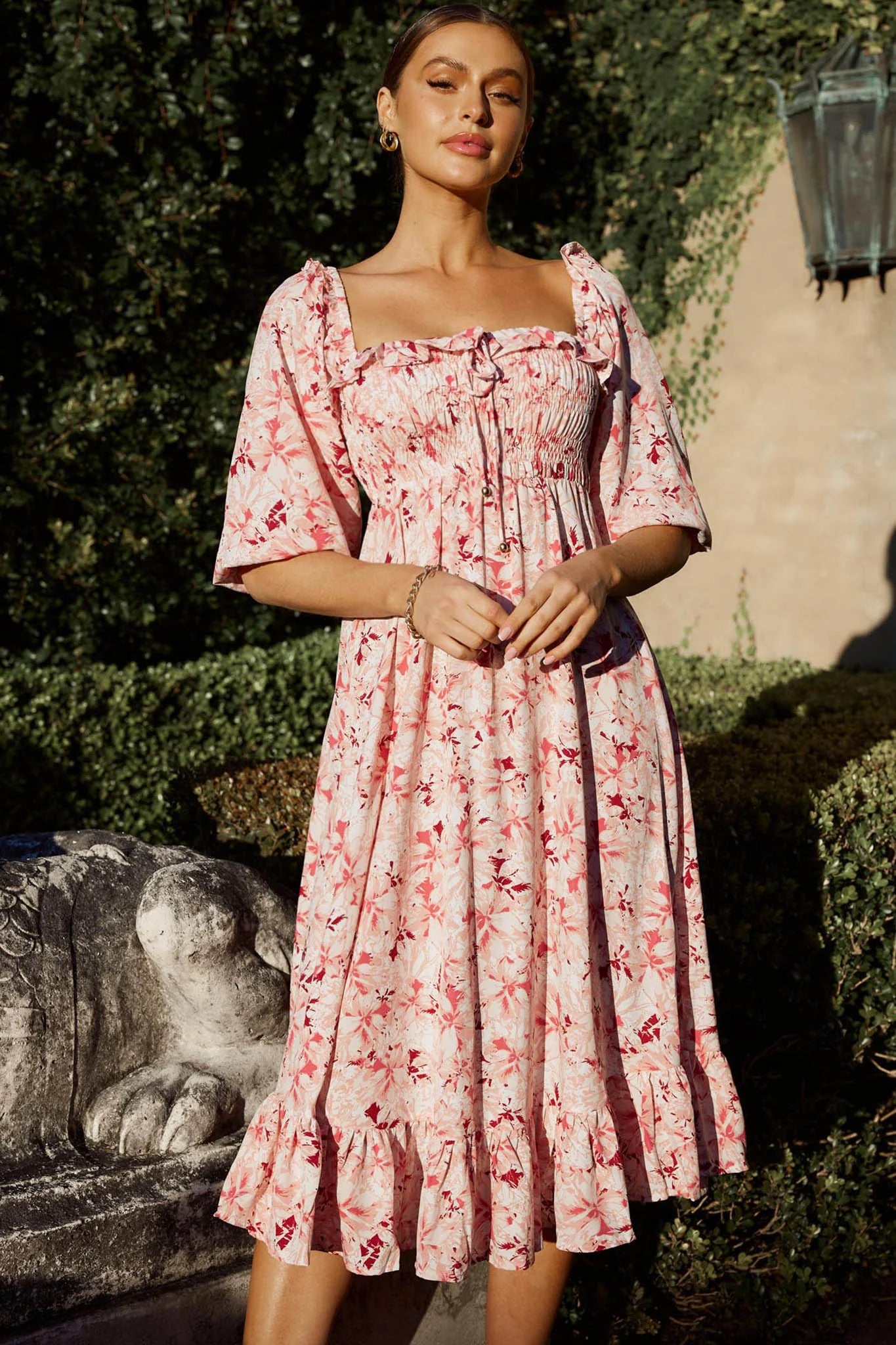 Flynn Balloon Sleeve Shirred Midi Dress Floral Pink