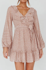 Marcheline Balloon Sleeve Waist Tie Dress Sprinkle Print Pink