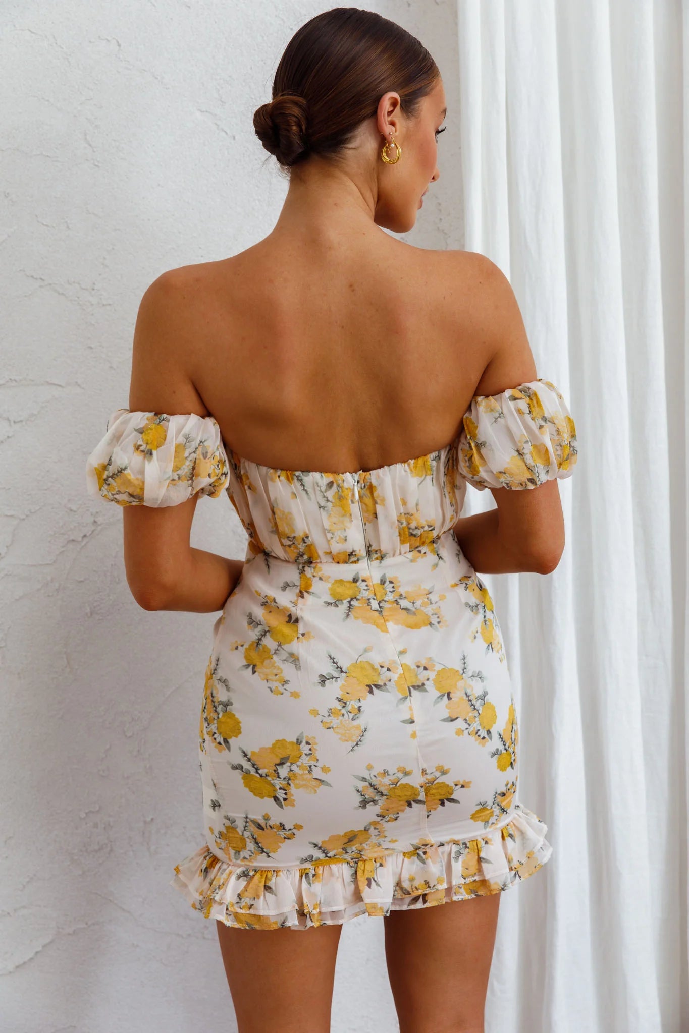 Verona Off-Shoulder Gathered Mini Dress Floral Yellow